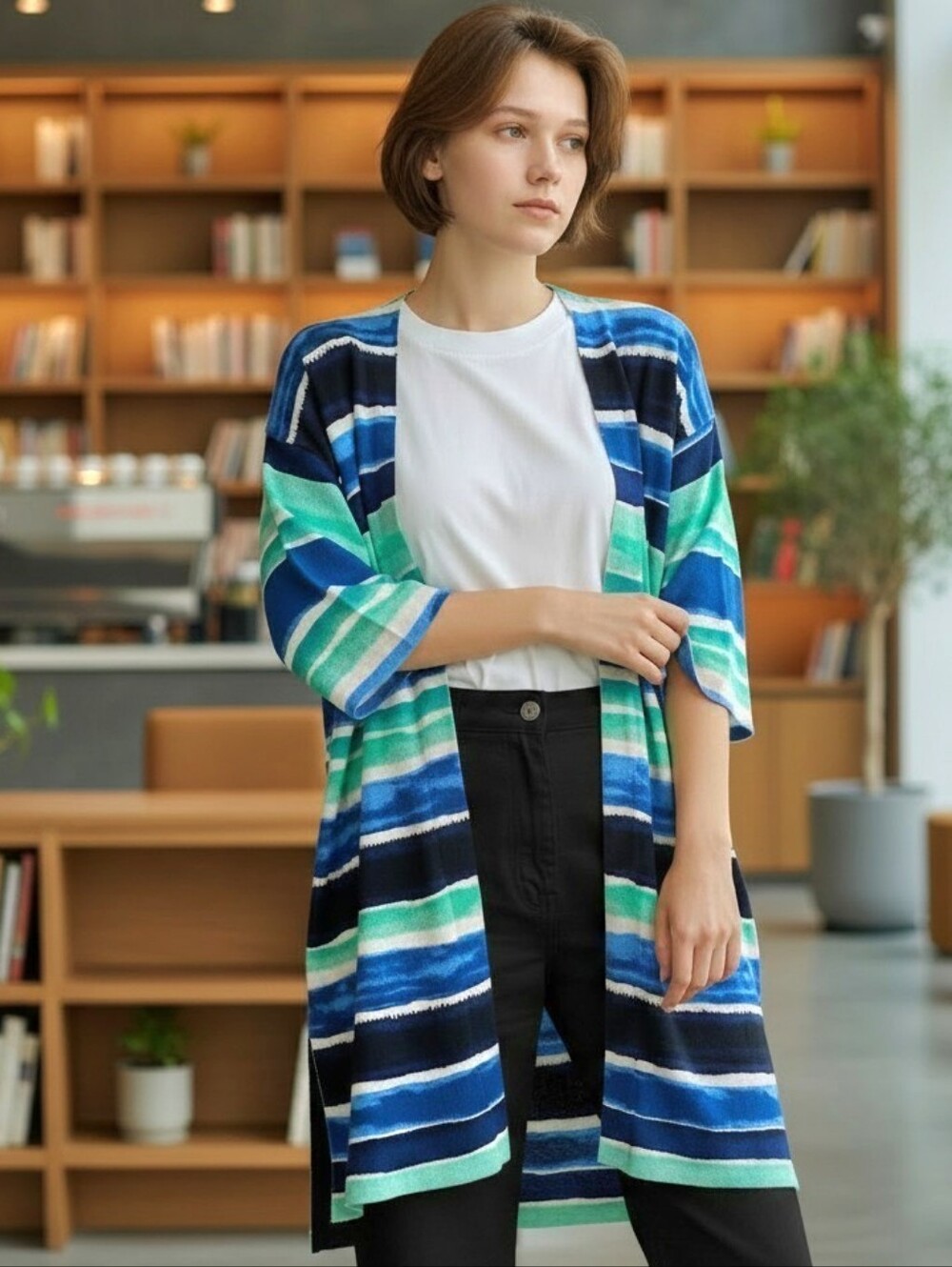 CHICO'S Traveler Line Long Open Cardigan Watercolor Striped 3/4 Sleeves Size XS